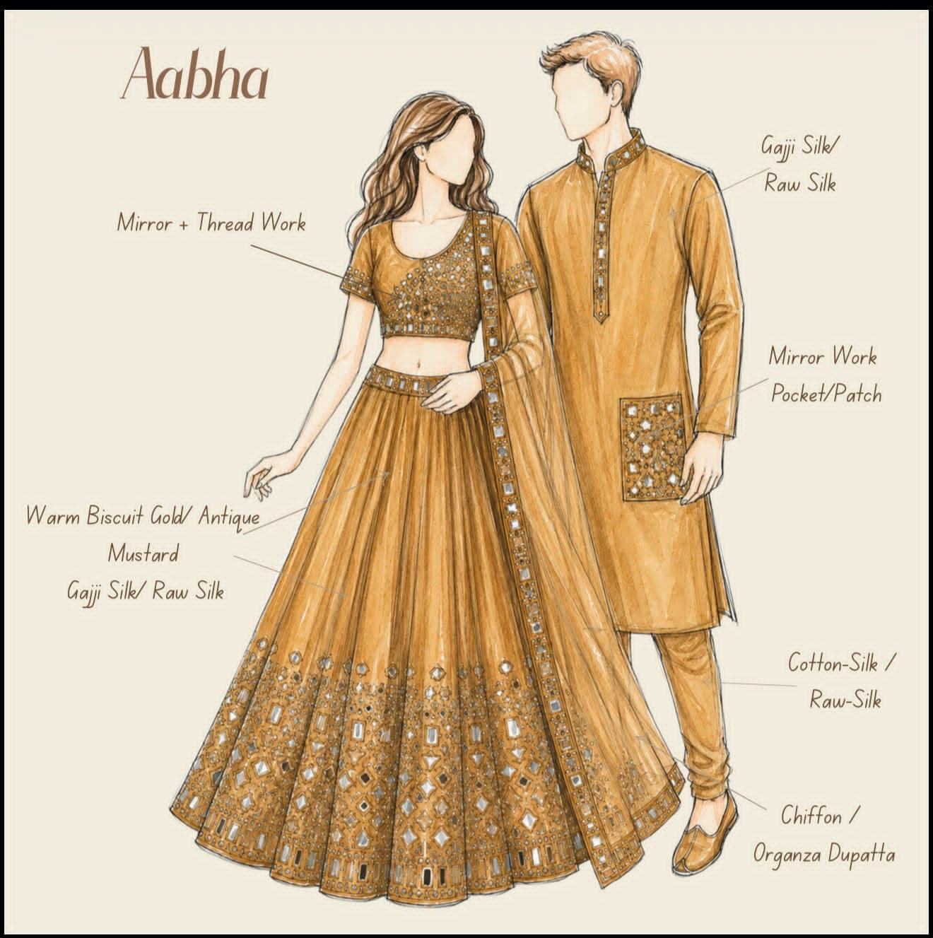 Aabha — design plate: One colour, top to hem, for both of them — warm biscuit gold, lit only by mirror.