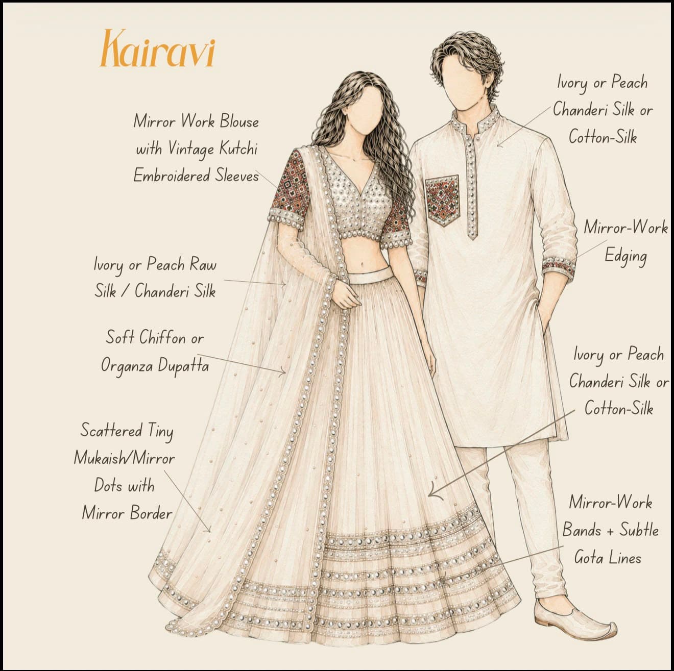Kairavi — design plate: A near-tonal ivory, held together by mirror rather than colour. The only warmth is a single Kutchi sleeve.